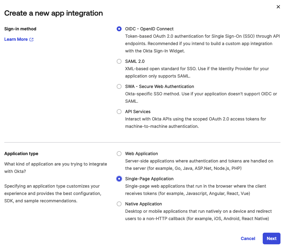 Okta create new app integration